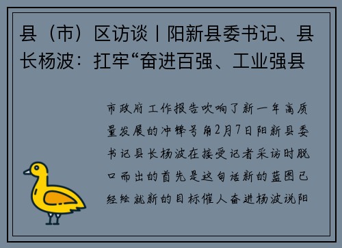 县（市）区访谈丨阳新县委书记、县长杨波：扛牢“奋进百强、工业强县、项目建设”三面旗帜