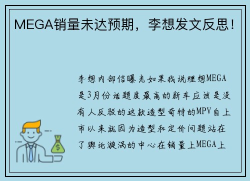 MEGA销量未达预期，李想发文反思！