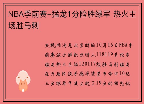NBA季前赛-猛龙1分险胜绿军 热火主场胜马刺