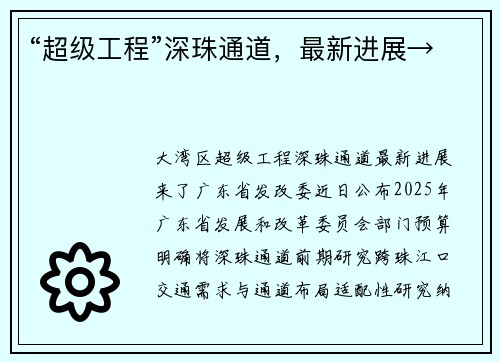 “超级工程”深珠通道，最新进展→