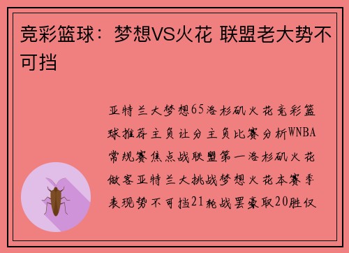 竞彩篮球：梦想VS火花 联盟老大势不可挡