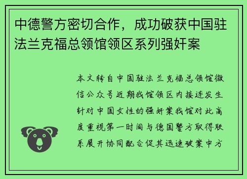 中德警方密切合作，成功破获中国驻法兰克福总领馆领区系列强奸案